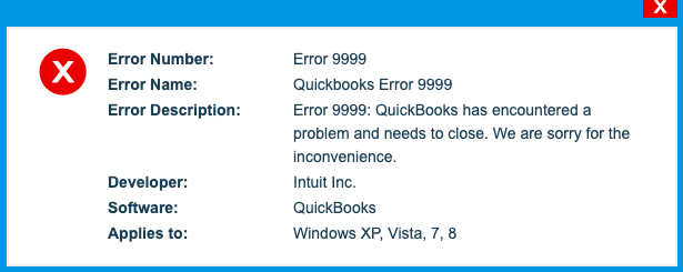 QuickBooks error 9999 Banking error