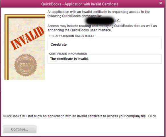 QuickBooks Application without Certificate or Revoked Certificate 