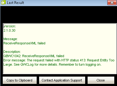 QBWC1042 Receive Response XML failed